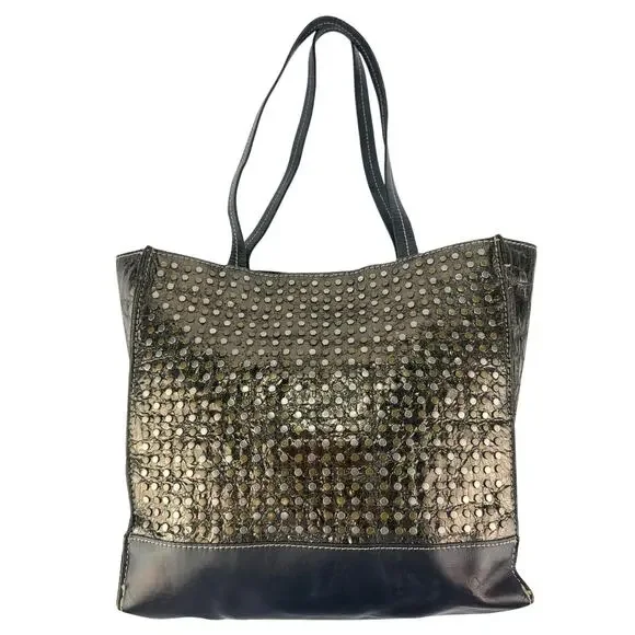 Patricia Nash 2 Tone Silver Bronze Studded Large Black Leather Shoulder tote bag - Picture 1 of 12